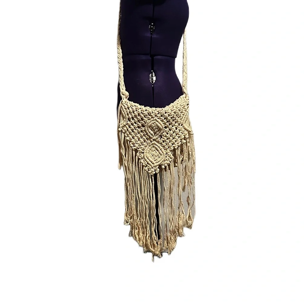 Handmade Macrame Fringe Shoulder Bag Purse - Picture 3 of 7